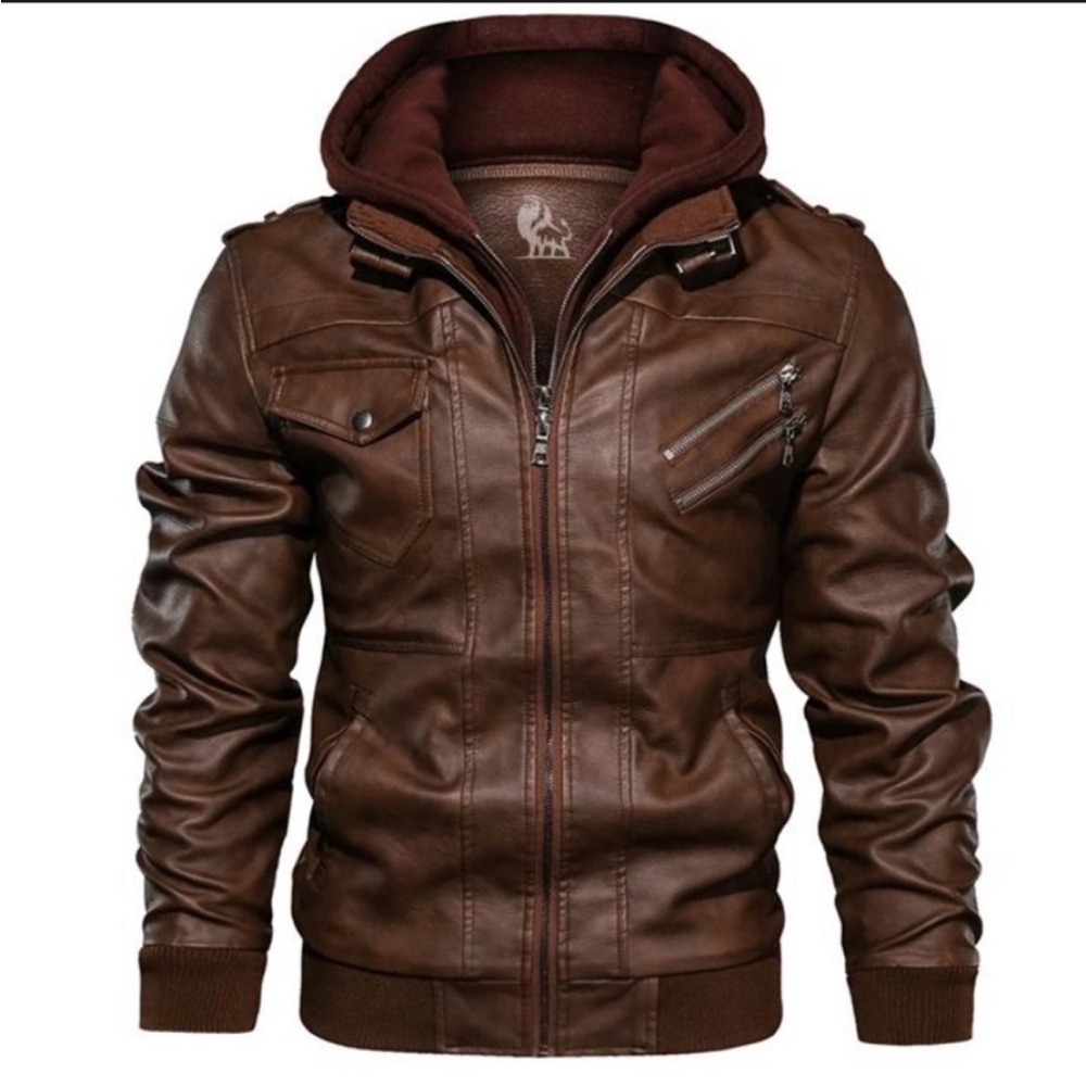 David Outwear Men’s Brown Faux Leather Hooded Vintage Bomber Size Medium